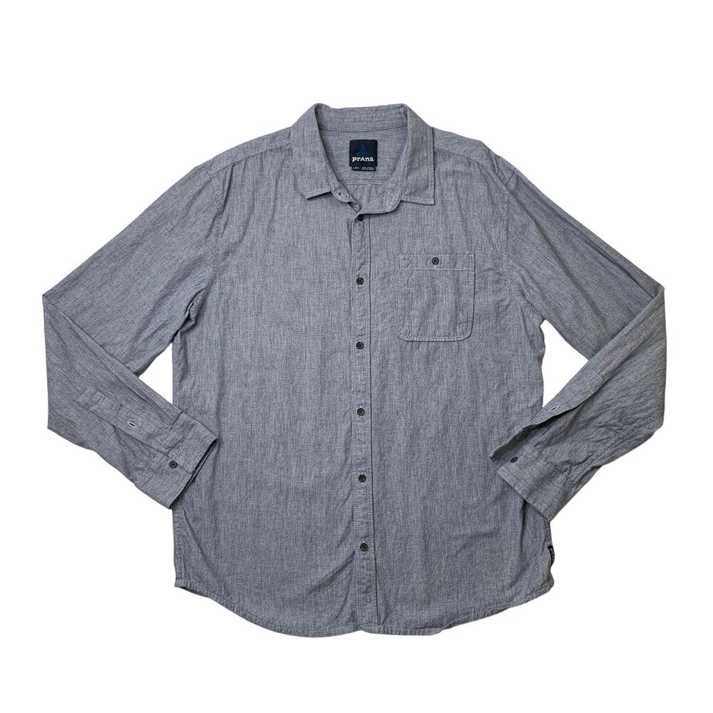 Prana Shirt Mens L Large Grey Blue Jaffra Long Sleeve Button Up Organic Cotton